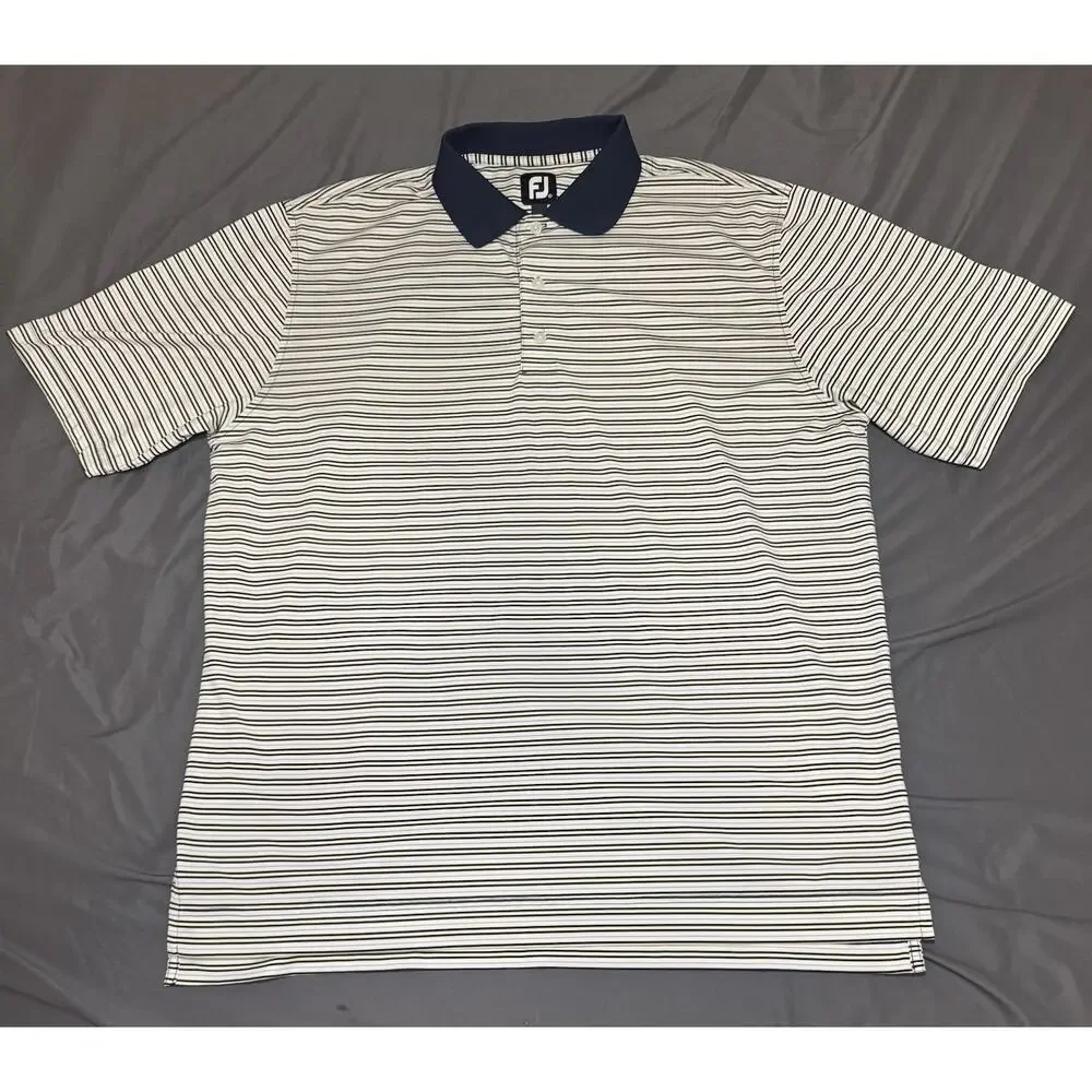 FootJoy Mens XL Golf Polo Striped White Yellow Blue Serrano Club Performance S/S